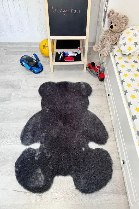 Pufi Yumuşak Peluş Ayıcık Halı Post Çocuk Odası Bebek Odası Oturma Odası Halısı-Antrasit - 3