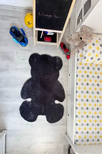 Pufi Yumuşak Peluş Ayıcık Halı Post Çocuk Odası Bebek Odası Oturma Odası Halısı - Antrasit - 4