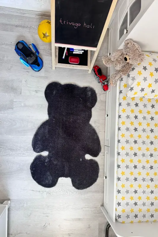 Pufi Yumuşak Peluş Ayıcık Halı Post Çocuk Odası Bebek Odası Oturma Odası Halısı - Antrasit - 4