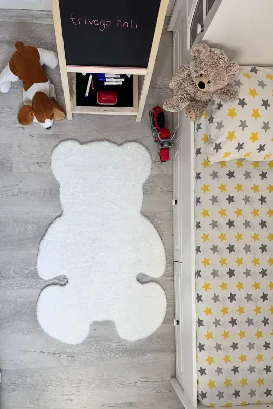 Pufi Yumuşak Peluş Ayıcık Halı Post Çocuk Odası Bebek Odası Oturma Odası Halısı-Beyaz - 3