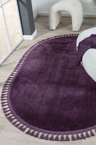 Puffy Lila Örgü Saçaklı Peluş Yumuşacık Yıkanabilir Kaymaz Taban Halı Salon Oturma Odası-Lila Örgü Saçaklı - 4
