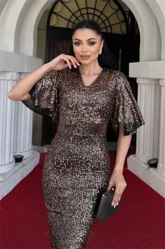 Pul Payet Fabric V Neck Evening Dress - BRONZE - 3