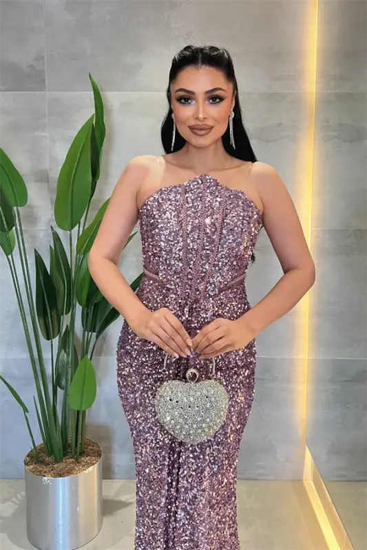 Pul Payet Kumaş Boncuklu Straplez Elbise - LİLA - 3