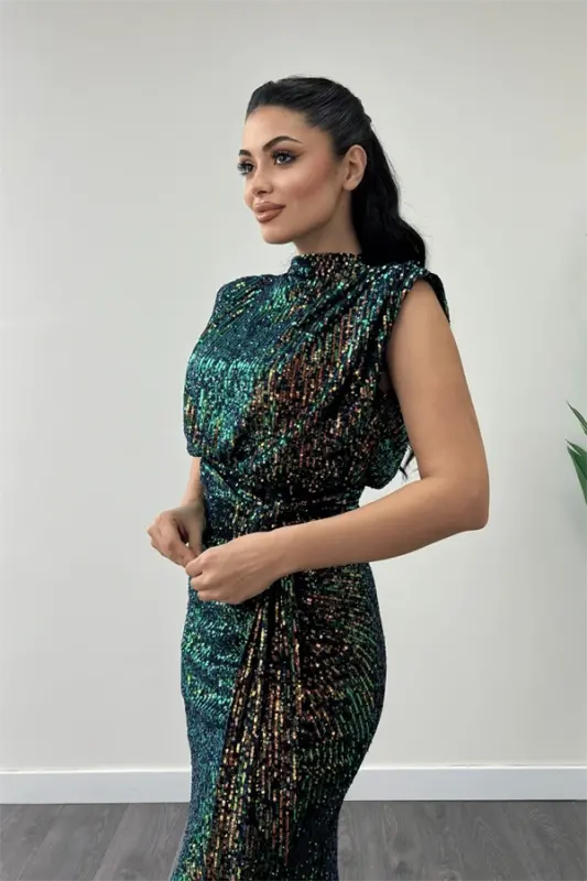 Pul Payet Kumaş Büzgü Detaylı Abiye Elbise - BRONZ - 3