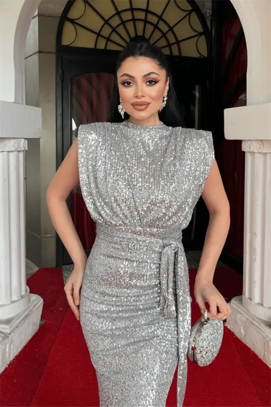 Pul Payet Kumaş Büzgü Detaylı Abiye Elbise - GÜMÜŞ - 3