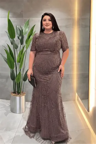 Pul Payet Kumaş Degaje Yaka Abiye Elbise - AÇIK KAHVE - 1