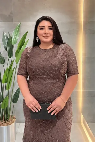 Pul Payet Kumaş Degaje Yaka Abiye Elbise - AÇIK KAHVE - BÜYÜKBEDENIZ (1)