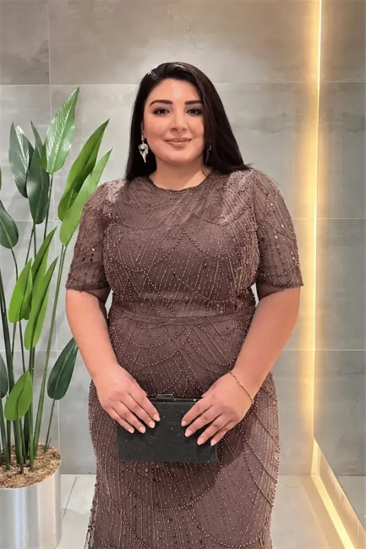 Pul Payet Kumaş Degaje Yaka Abiye Elbise - AÇIK KAHVE - 2