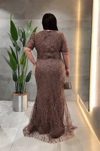 Pul Payet Kumaş Degaje Yaka Abiye Elbise - AÇIK KAHVE - 3