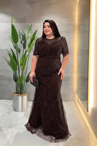 Pul Payet Kumaş Degaje Yaka Abiye Elbise - KAHVERENGİ - 1