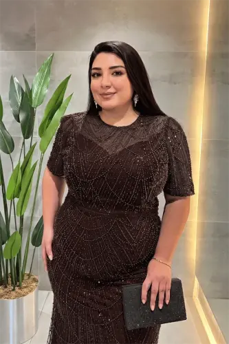 Pul Payet Kumaş Degaje Yaka Abiye Elbise - KAHVERENGİ - BÜYÜKBEDENIZ (1)
