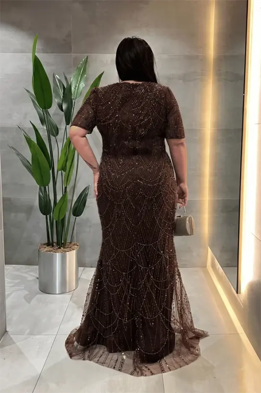 Pul Payet Kumaş Degaje Yaka Abiye Elbise - KAHVERENGİ - 3