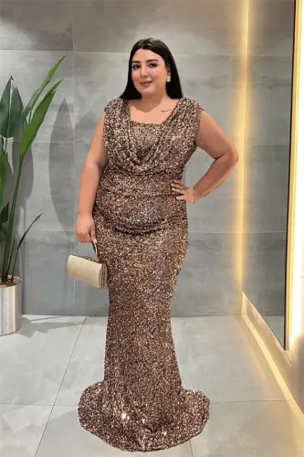 Pul Payet Kumaş Degaje Yaka Abiye Elbise - KAHVERENGİ - 1