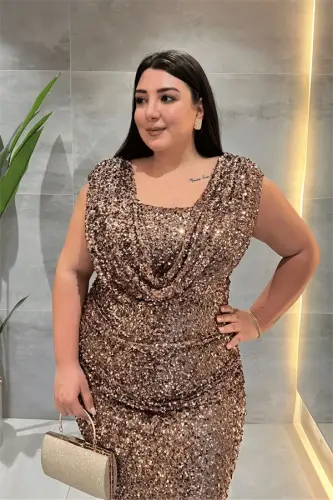 Pul Payet Kumaş Degaje Yaka Abiye Elbise - KAHVERENGİ - 2