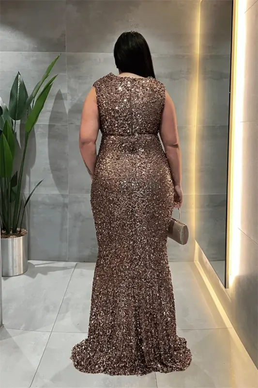 Pul Payet Kumaş Degaje Yaka Abiye Elbise - KAHVERENGİ - 3