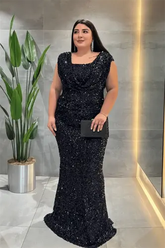 Pul Payet Kumaş Degaje Yaka Abiye Elbise - LACİVERT - 1