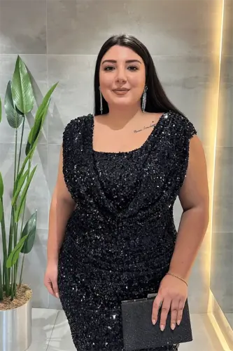 Pul Payet Kumaş Degaje Yaka Abiye Elbise - LACİVERT - BÜYÜKBEDENIZ (1)