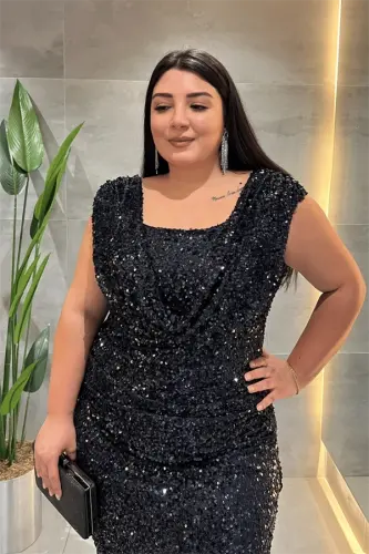 Pul Payet Kumaş Degaje Yaka Abiye Elbise - LACİVERT - 3