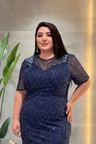 Pul Payet Kumaş Degaje Yaka Abiye Elbise - LACİVERT - BÜYÜKBEDENIZ (1)