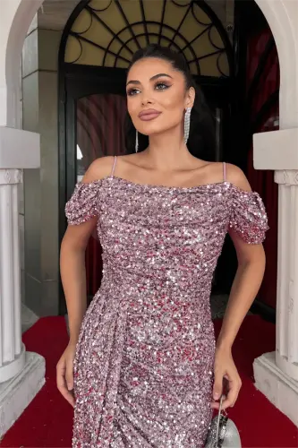 Pul Payet Kumaş Degaje Yaka Abiye Elbise - PEMBE - 3