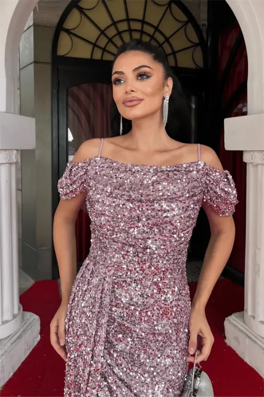 Pul Payet Kumaş Degaje Yaka Abiye Elbise - PEMBE - 3