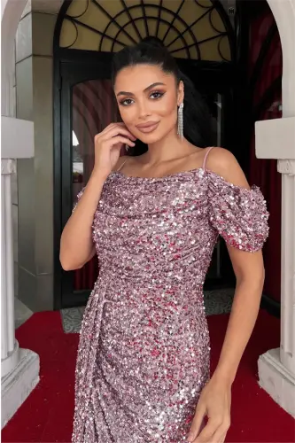 Pul Payet Kumaş Degaje Yaka Abiye Elbise - PEMBE - 4