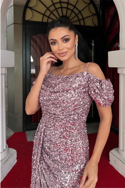 Pul Payet Kumaş Degaje Yaka Abiye Elbise - PEMBE - 4