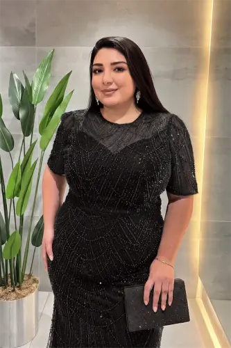 Pul Payet Kumaş Degaje Yaka Abiye Elbise - SİYAH - BÜYÜKBEDENIZ (1)