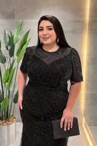 Pul Payet Kumaş Degaje Yaka Abiye Elbise - SİYAH - BÜYÜKBEDENIZ (1)
