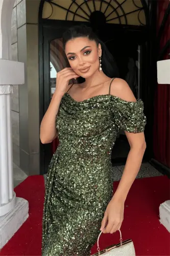 Pul Payet Kumaş Degaje Yaka Abiye Ko'ylak - HAKİ YASHIL - 4