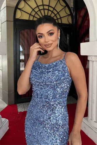 Pul Payet Kumaş Degaje Yaka Askılı Abiye Elbise - İNDİGO MAVİ - 3