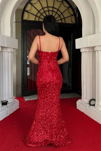 Pul Payet Kumaş Degaje Yaka Askılı Abiye Elbise - KIRMIZI - 5