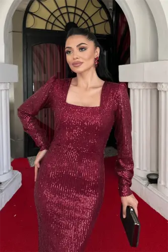 Pul Payet Kumaş Kare Yaka Kalem Elbise - BORDO - 3