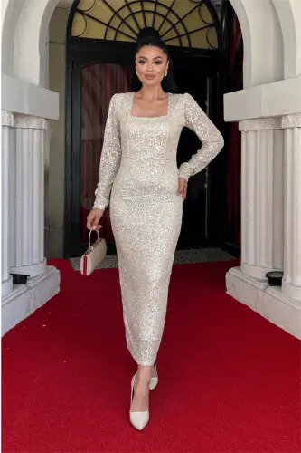 Pul Payet Kumaş Kare Yaka Kalem Elbise - GOLD - 2