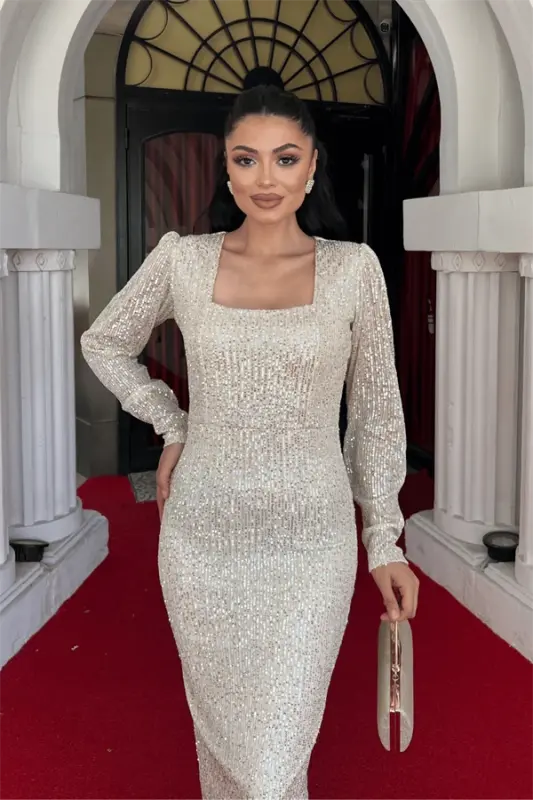 Pul Payet Kumaş Kare Yaka Kalem Elbise - GOLD - 3