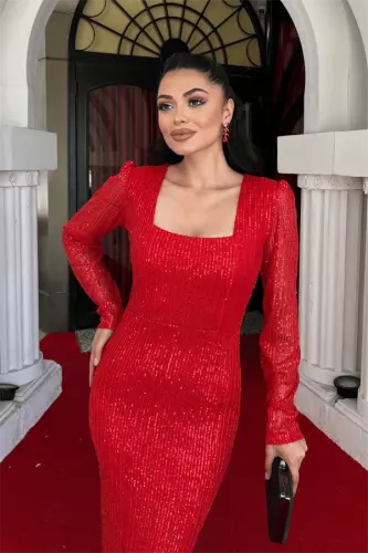 Pul Payet Kumaş Kare Yaka Qalam Ko'ylak - QIZIL - 3