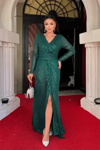 Pul Payet Kumaş Kruvaze Yaka Abiye Elbise - ZÜMRÜT YEŞİL - BÜYÜKBEDENIZ (1)