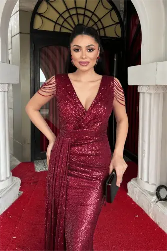 Pul Payet Kumaş Omuz Püskül Boncuk Balık Elbise - BORDO - 3