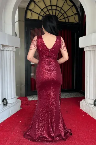 Pul Payet Kumaş Omuz Püskül Boncuk Balık Elbise - BORDO - 5