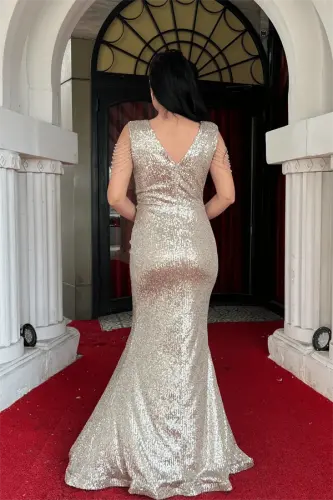 Pul Payet Kumaş Omuz Püskül Boncuk Balık Elbise - GOLD - 5