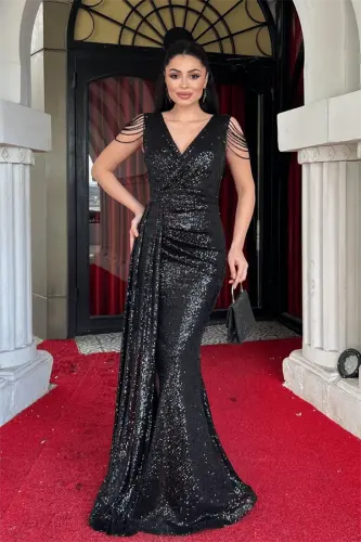 Pul Payet Kumaş Omuz Püskül Boncuk Balık Elbise - SİYAH - 1