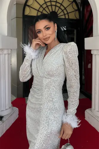 Pul Payet Kumaş Otriş Detaylı Abiye Elbise - BEYAZ - 4