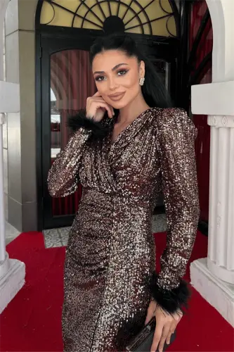 Pul Payet Kumaş Otriş Detaylı Abiye Elbise - ROSE - 3