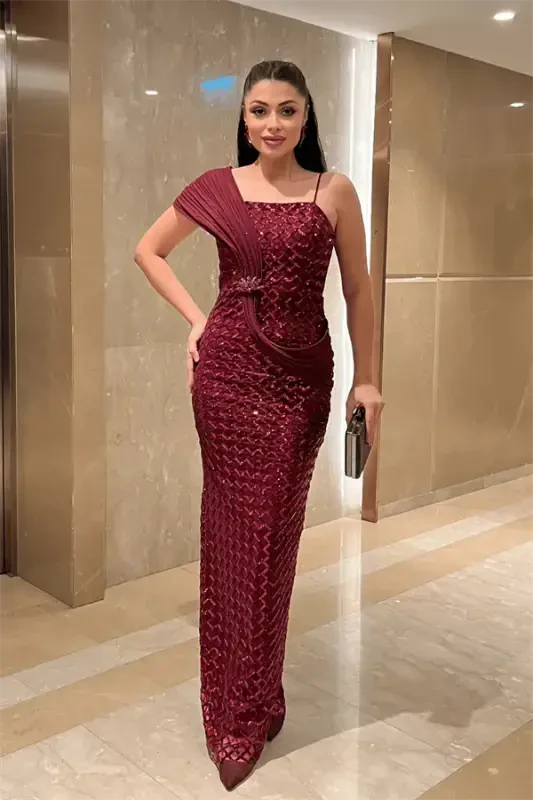 Pul Payet Kumaş Şal Detaylı Abiye Elbise - BORDO - BÜYÜKBEDENIZ