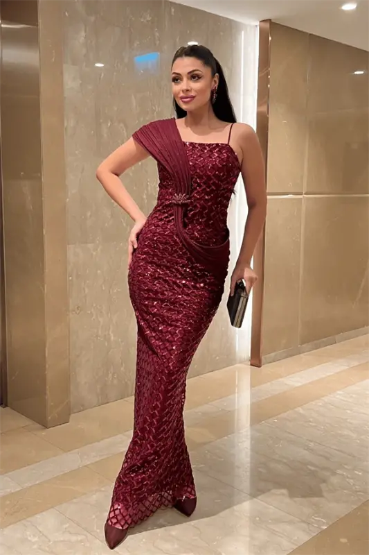 Pul Payet Kumaş Şal Detaylı Abiye Elbise - BORDO - 2