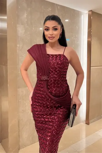 Pul Payet Kumaş Şal Detaylı Abiye Elbise - BORDO - 3