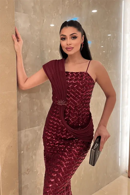 Pul Payet Kumaş Şal Detaylı Abiye Elbise - BORDO - 4