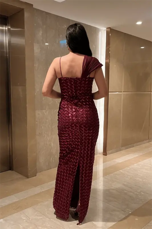 Pul Payet Kumaş Şal Detaylı Abiye Elbise - BORDO - 5