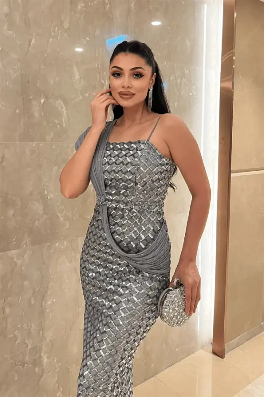 Pul Payet Kumaş Şal Detaylı Abiye Elbise - GÜMÜŞ - 4