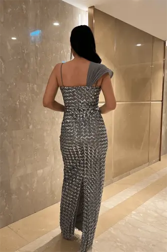 Pul Payet Kumaş Şal Detaylı Abiye Elbise - GÜMÜŞ - 5